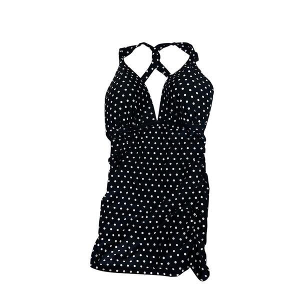 Lauren Ralph Lauren Black White Polka Dot Tummy Control Halter Swimdress 16 NWT - Picture 2 of 12